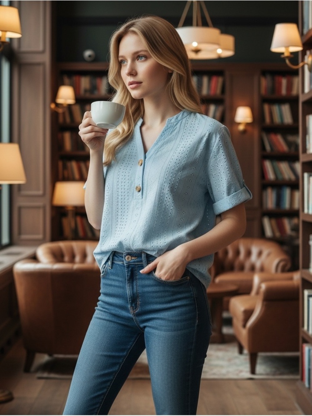 Light Blue Eyelet Button Henley Top - Women